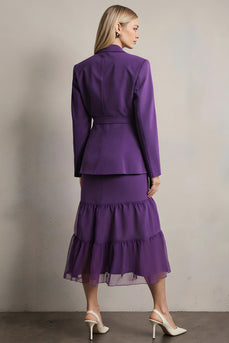 2 Piece Dark Purple Satin Long Sleeves Notched Lapel Prom Suits with Sash