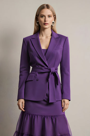 2 Piece Dark Purple Satin Long Sleeves Notched Lapel Prom Suits with Sash