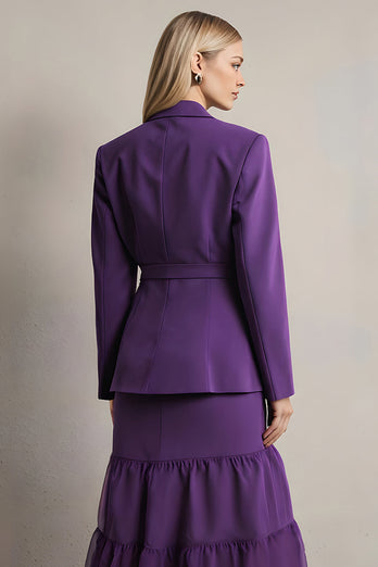 2 Piece Dark Purple Satin Long Sleeves Notched Lapel Prom Suits with Sash