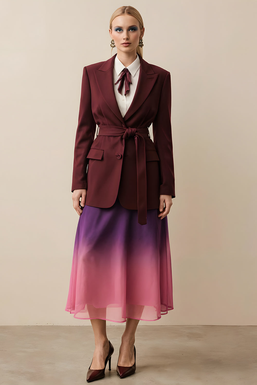 Burgundy Satin Peak Lapel One Button Long Sleeves Women Blazer with Sash