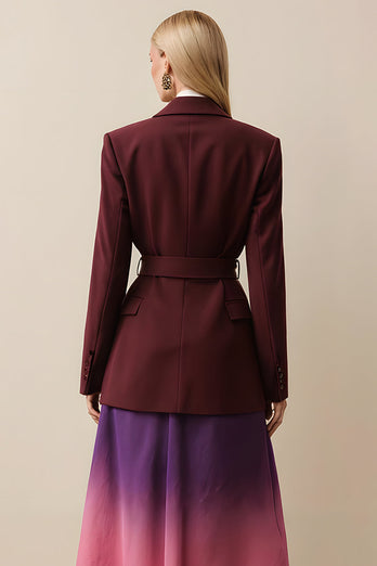 Burgundy Satin Peak Lapel One Button Long Sleeves Women Blazer with Sash