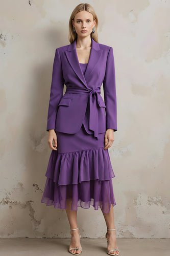 Dark Purple 2 Piece Peak Lapel Ruffled Long Sleeves Prom Suits with Sash