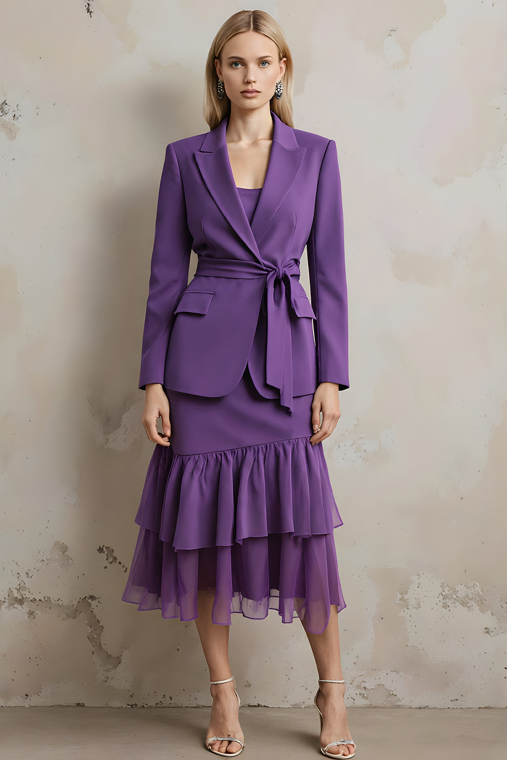 Dark Purple 2 Piece Peak Lapel Ruffled Long Sleeves Prom Suits with Sash