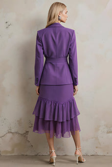 Dark Purple 2 Piece Peak Lapel Ruffled Long Sleeves Prom Suits with Sash