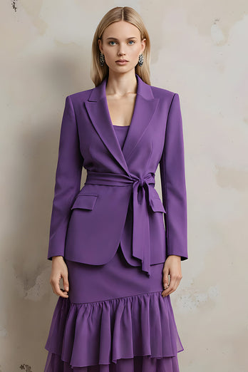 Dark Purple 2 Piece Peak Lapel Ruffled Long Sleeves Prom Suits with Sash