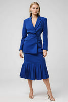 Load image into Gallery viewer, 2 Piece Satin Royal Blue Notched Lapel Midi Business Suits with Sleeves