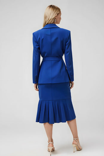 2 Piece Satin Royal Blue Notched Lapel Midi Business Suits with Sleeves