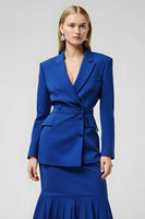 Load image into Gallery viewer, 2 Piece Satin Royal Blue Notched Lapel Midi Business Suits with Sleeves