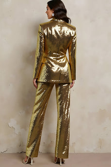 2 Piece Sparkly Golden Peak Lapel Sequins Women Prom Suits
