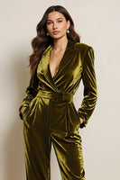 Load image into Gallery viewer, Green Velvet Peak Lapel Long Sleeves Prom Jumpsuits with Pockets