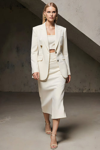 Ivory 2 Piece Notched Lapel Pencil Midi Business Suits with Slit