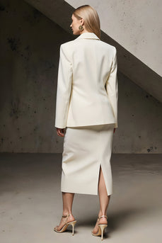 Ivory 2 Piece Notched Lapel Pencil Midi Business Suits with Slit