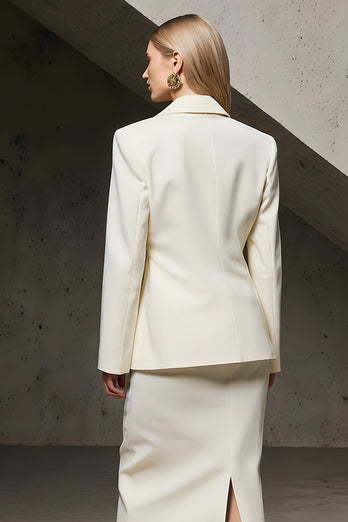 Ivory 2 Piece Notched Lapel Pencil Midi Business Suits with Slit