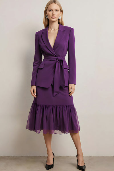 2 Piece Dark Purple A Line Notched Lapel Midi Business Suits with Sash