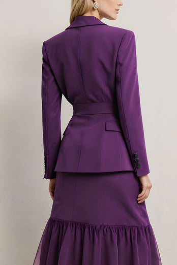 2 Piece Dark Purple A Line Notched Lapel Midi Business Suits with Sash