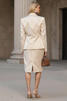 2 Piece Champagne Pencil Single Breasted Midi Business Suits with Slit