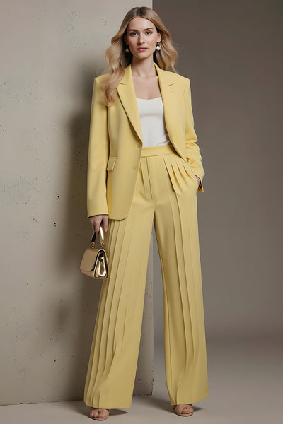 2 Piece Yellow Notched Lapel Pleated Business Suits with Pockets