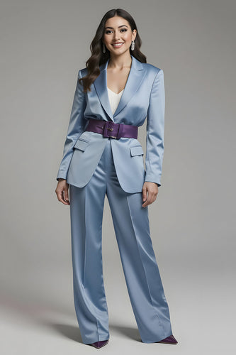2 Piece Grey Blue Notched Lapel Long Sleeves Business Suits with Belt