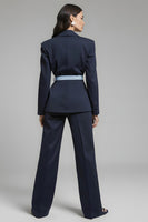 Load image into Gallery viewer, 2 Piece Navy Notched Lapel Bow Long Sleeves Business Suits with Sash