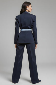 2 Piece Navy Notched Lapel Bow Long Sleeves Business Suits with Sash