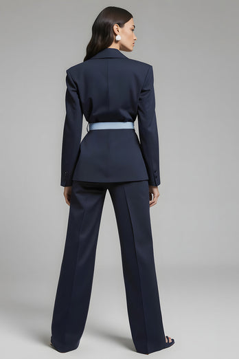 2 Piece Navy Notched Lapel Bow Long Sleeves Business Suits with Sash