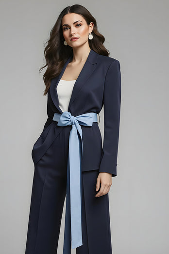 2 Piece Navy Notched Lapel Bow Long Sleeves Business Suits with Sash