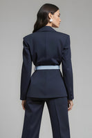 Load image into Gallery viewer, 2 Piece Navy Notched Lapel Bow Long Sleeves Business Suits with Sash