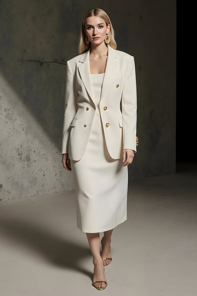 Ivory 2 Piece Double Breasted Pencil Midi Business Suits with Slit