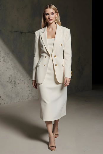 Ivory 2 Piece Double Breasted Pencil Midi Business Suits with Slit