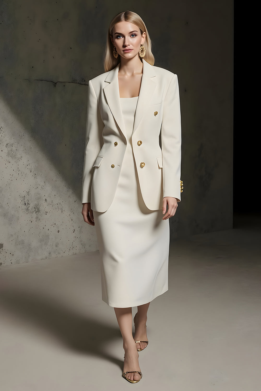 Ivory 2 Piece Double Breasted Pencil Midi Business Suits with Slit