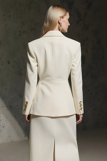 Ivory 2 Piece Double Breasted Pencil Midi Business Suits with Slit