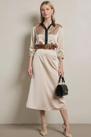 Load image into Gallery viewer, Champagne Satin Collar Neck Long Sleeves Midi Work Dress with Belt