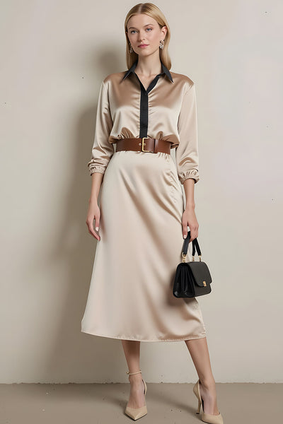 Champagne Satin Collar Neck Long Sleeves Midi Work Dress with Belt