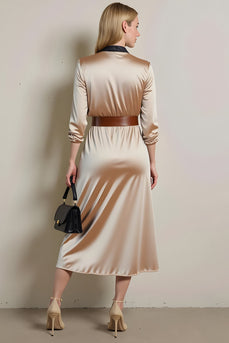 Champagne Satin Collar Neck Long Sleeves Midi Work Dress with Belt