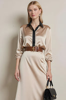 Load image into Gallery viewer, Champagne Satin Collar Neck Long Sleeves Midi Work Dress with Belt
