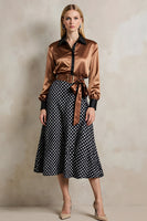 Load image into Gallery viewer, Brown Black Dots Satin A Line 2 Piece Collar Neck Midi Workwear with Belt