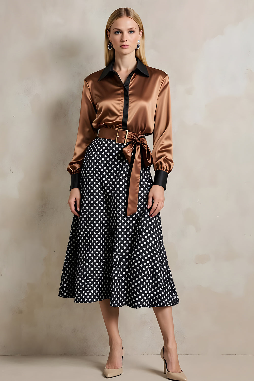 Brown Black Dots Satin A Line 2 Piece Collar Neck Midi Workwear with Belt