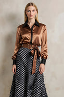 Load image into Gallery viewer, Brown Black Dots Satin A Line 2 Piece Collar Neck Midi Workwear with Belt