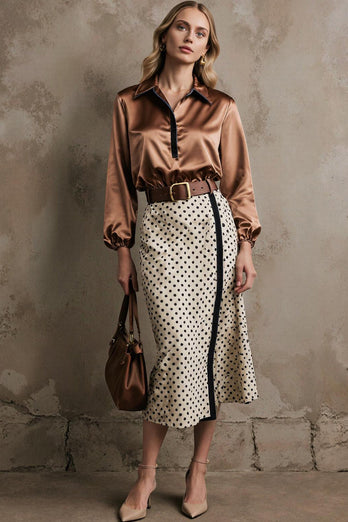 2 Piece Brown White Dots Pencil Collar Neck Midi Workwear with Belt