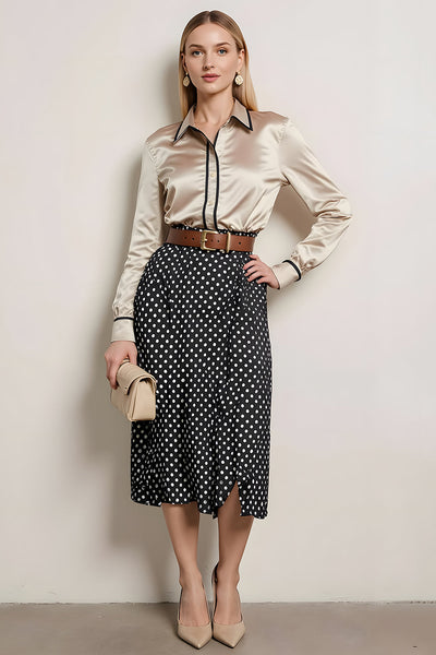 2 Piece Champagne Black Dots Pencil Collar Neck Midi Workwear with Belt