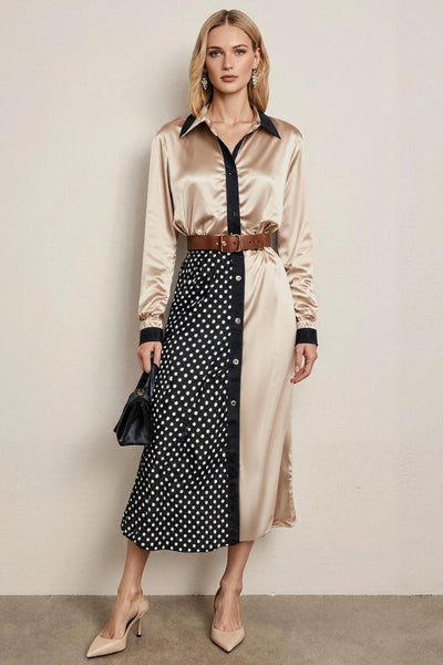 Champagne Pencil Collar Neck Long Sleeves Midi Work Dress with Belts