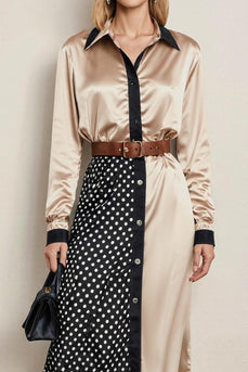 Champagne Pencil Collar Neck Long Sleeves Midi Work Dress with Belts