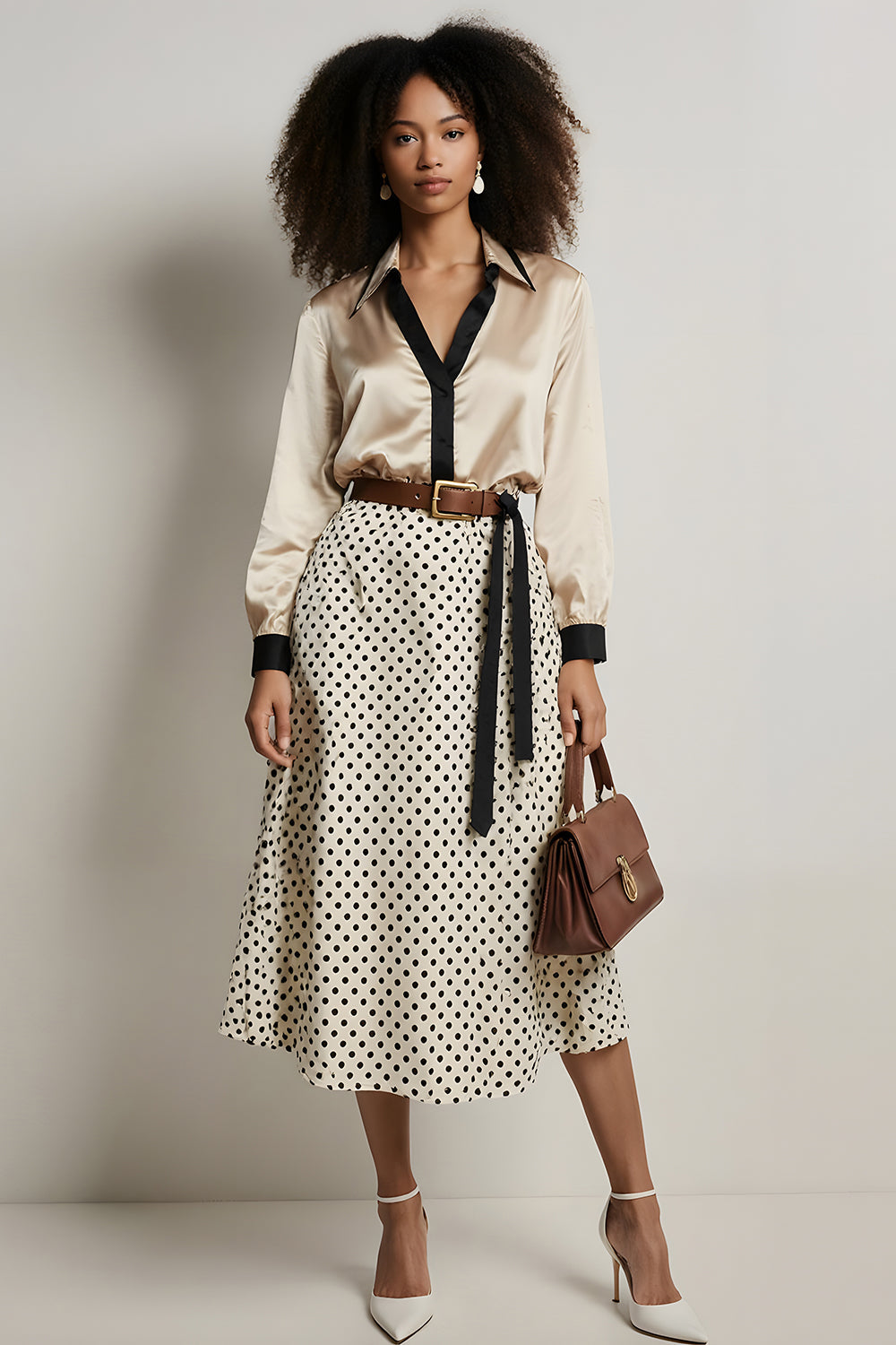 2 Piece Champagne A-Line Satin Long Sleeves Midi Workwear