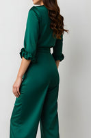 Load image into Gallery viewer, Dark Green V-Neck Satin Long Sleeves Business Jumpsuits with Sash