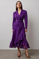 Load image into Gallery viewer, Dark Purple A Line Notched Lapel Long Sleeves Work Dress with Ruffles
