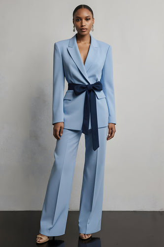 Light Blue Peak Lapel  2 Piece Long Sleeves Business Suits with Sash