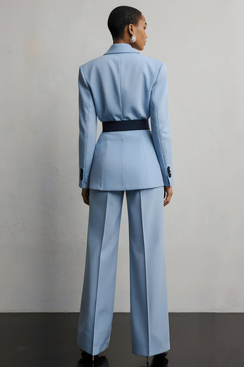 Light Blue Peak Lapel  2 Piece Long Sleeves Business Suits with Sash