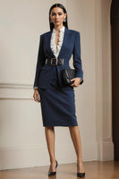 Load image into Gallery viewer, 2 Piece Navy Pencil Notched Lapel Long Sleeves Midi Business Suits with Belt