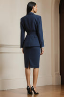 Load image into Gallery viewer, 2 Piece Navy Pencil Notched Lapel Long Sleeves Midi Business Suits with Belt