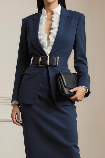 2 Piece Navy Pencil Notched Lapel Long Sleeves Midi Business Suits with Belt